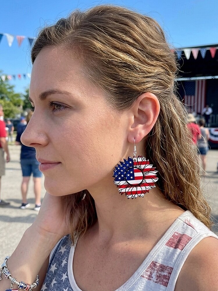 Women's Acrylic Patriotic Dangle Earrings, Multi-Style Sunflower, Star and Heart American Flag Earrings for USA 250th Anniversary, Independence Day, Casual Wear, Travel and Vacation Styling 2026 - $7.99 –P2