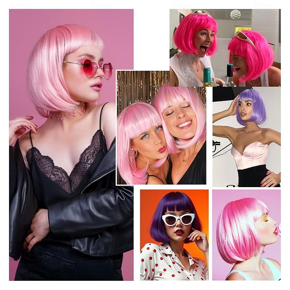 Ljusrosa bobperuker med lugg (kan trimmas) raka korta peruker för kvinnor syntetisk rosa peruk för cosplay-kvinnor 2026 - $30.99 –P2