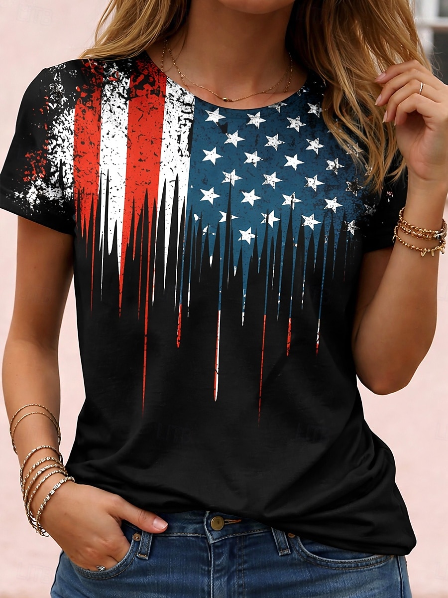 Amerykański Dzień Niepodległości Damskie Podkoszulek Nadruk Graficzny Litera Flaga Ameryki Zabytkowe Elegancki Klasyczny Krótki rękaw Półgolf Zwykłe topy Codzienny Czarny Biały Czerwony Czerwony 2026 - $22.99 –P7