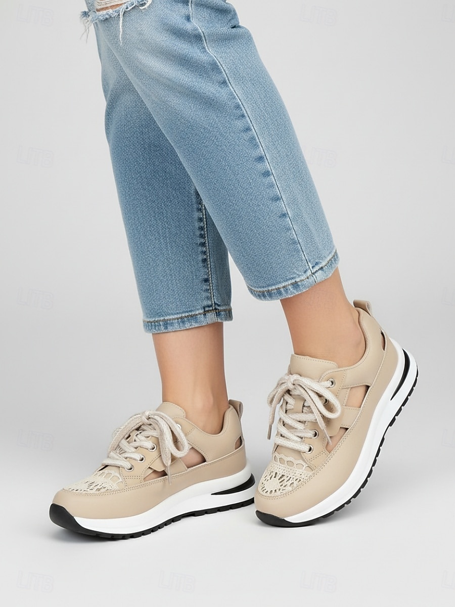 Zapatillas beige con cortes para mujer: zapatos informales transpirables con cordones para uso diario, para caminar y viajar. 2026 - $26.99 –P2