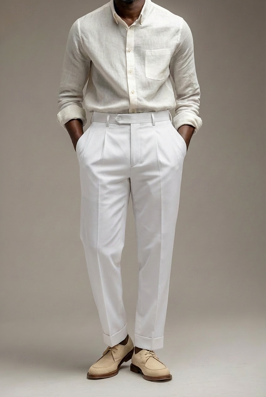 Pour des hommes Coton Lin Dress Pants works Pantalon décontracté Quotidien Affaires Mode Occasionnel Blanche Marine foncé Vert Sauge Couleur Unie Coupe régulière Long Non Elastique de 2026 ? $39.99 –P9