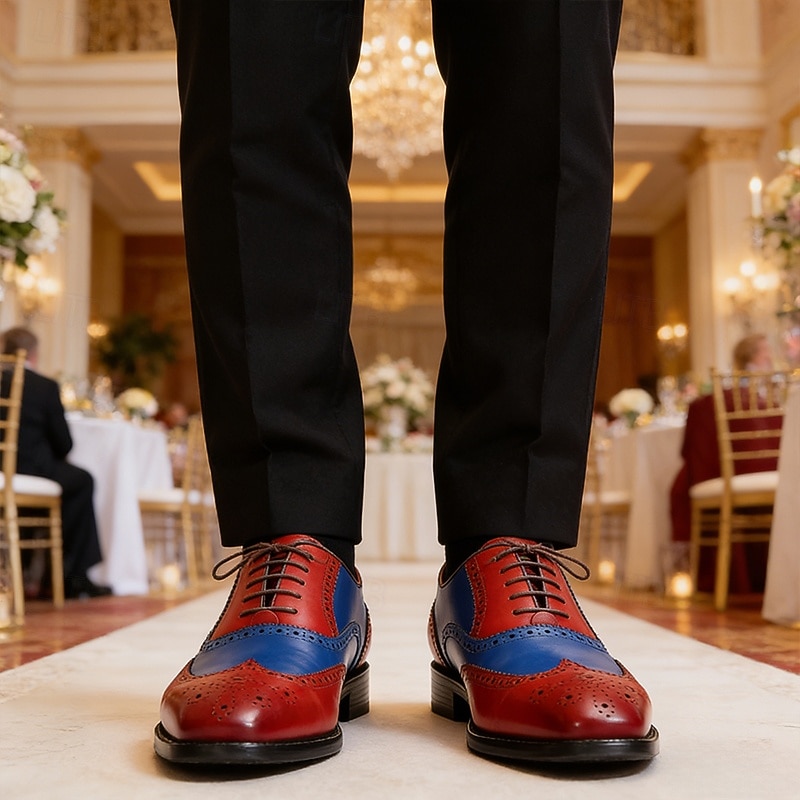 Geklede herenschoenen met vleugelneus van echt leer – premium rundleer, tweekleurig rood en blauw, elegante oxfordstijl, comfortabele formele schoenen voor heren, perfect voor bruiloften, feesten en kantoor. 2026 - $109.99 –P3