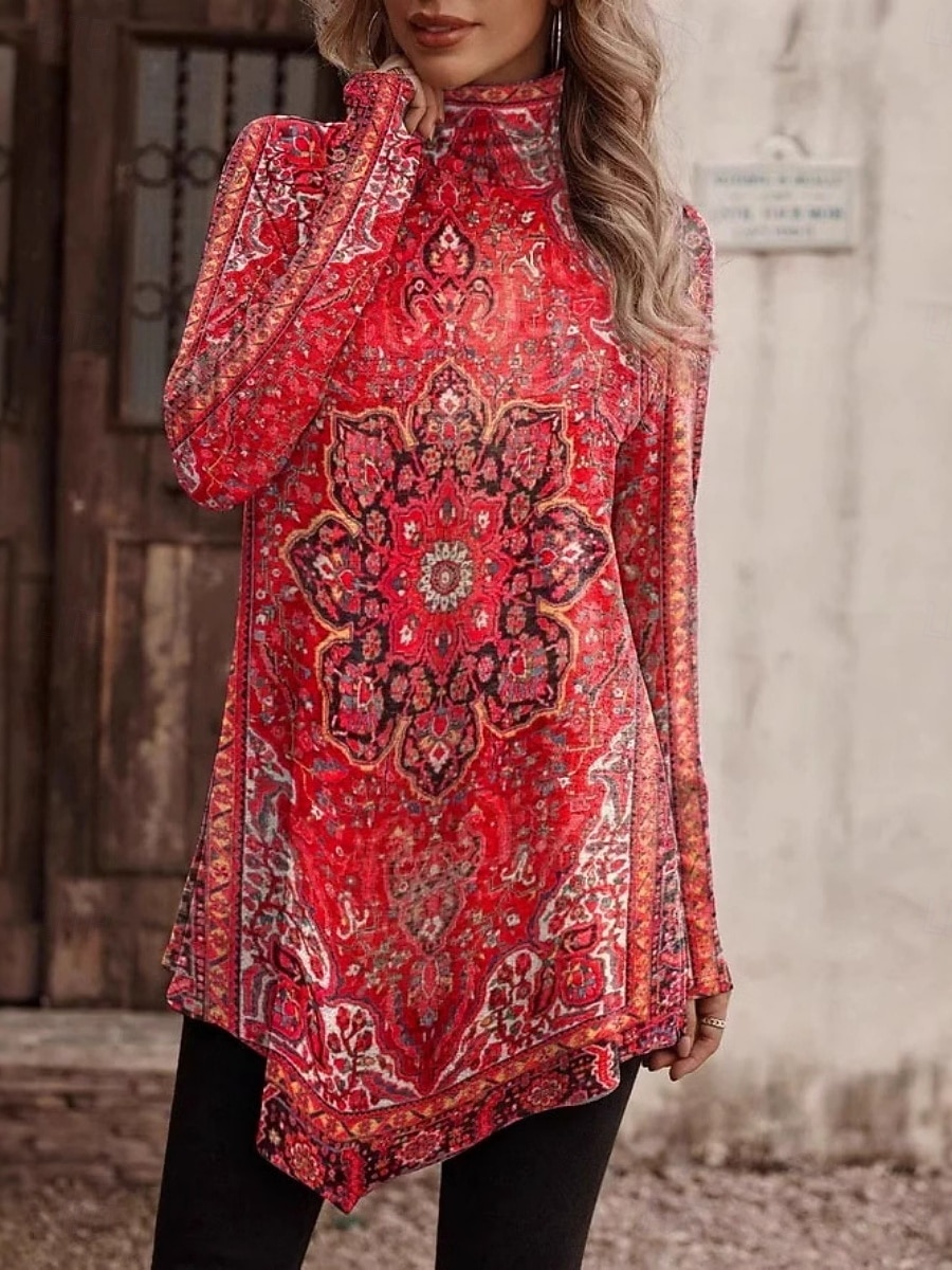 Mujer Camisa Blusa Tops de manga larga Costura asimétrica Floral Elegante Clásico Moderno Manga Larga Cuello Alto Tops largos Diario Festivos Noche Azul Piscina Rojo Morado Primavera Otoño 2026 - $22.99 –P2