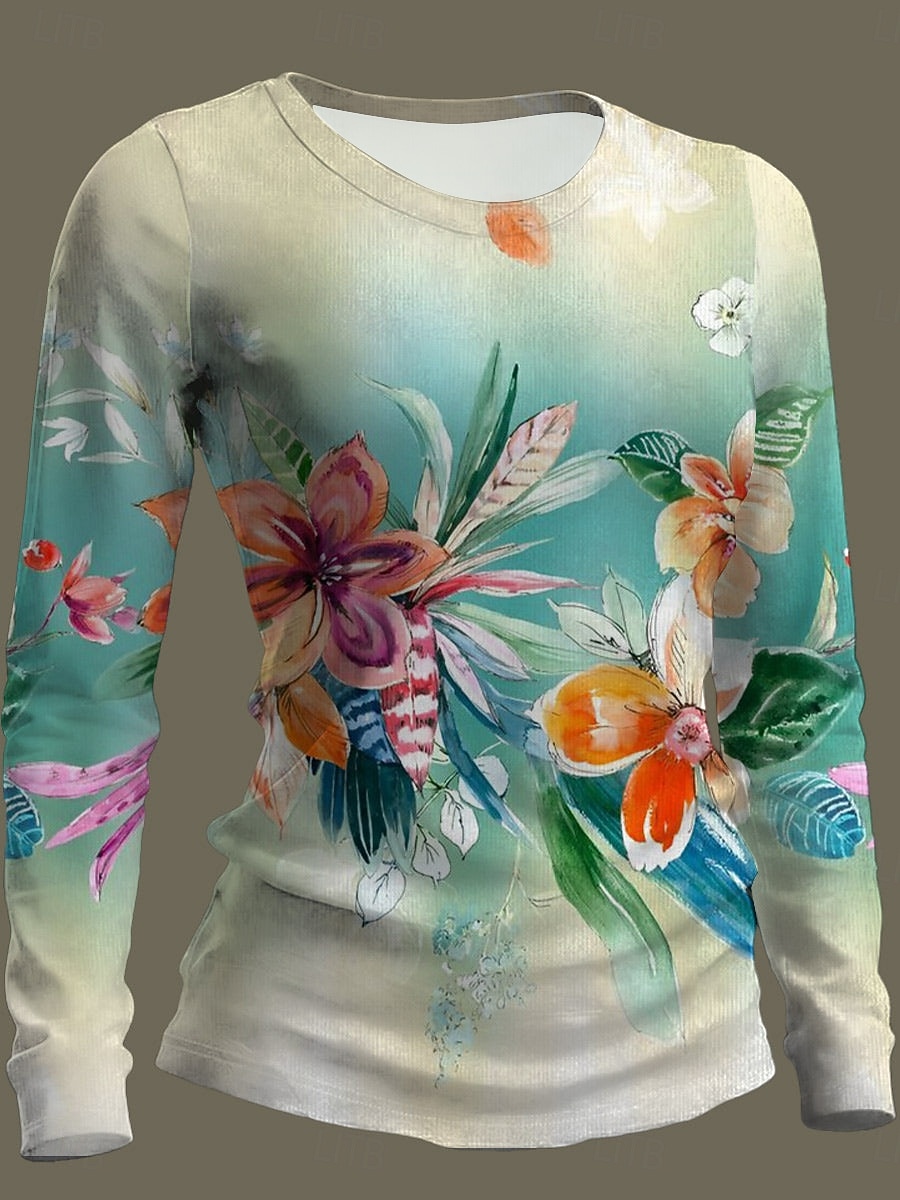 Women's T Shirt Print Floral Graphic Plants Fashion Classic Casual Long Sleeve Crew Neck Regular Tops Daily Weekend Blue Red Green Summer Spring 2026 - $24.99 –P1