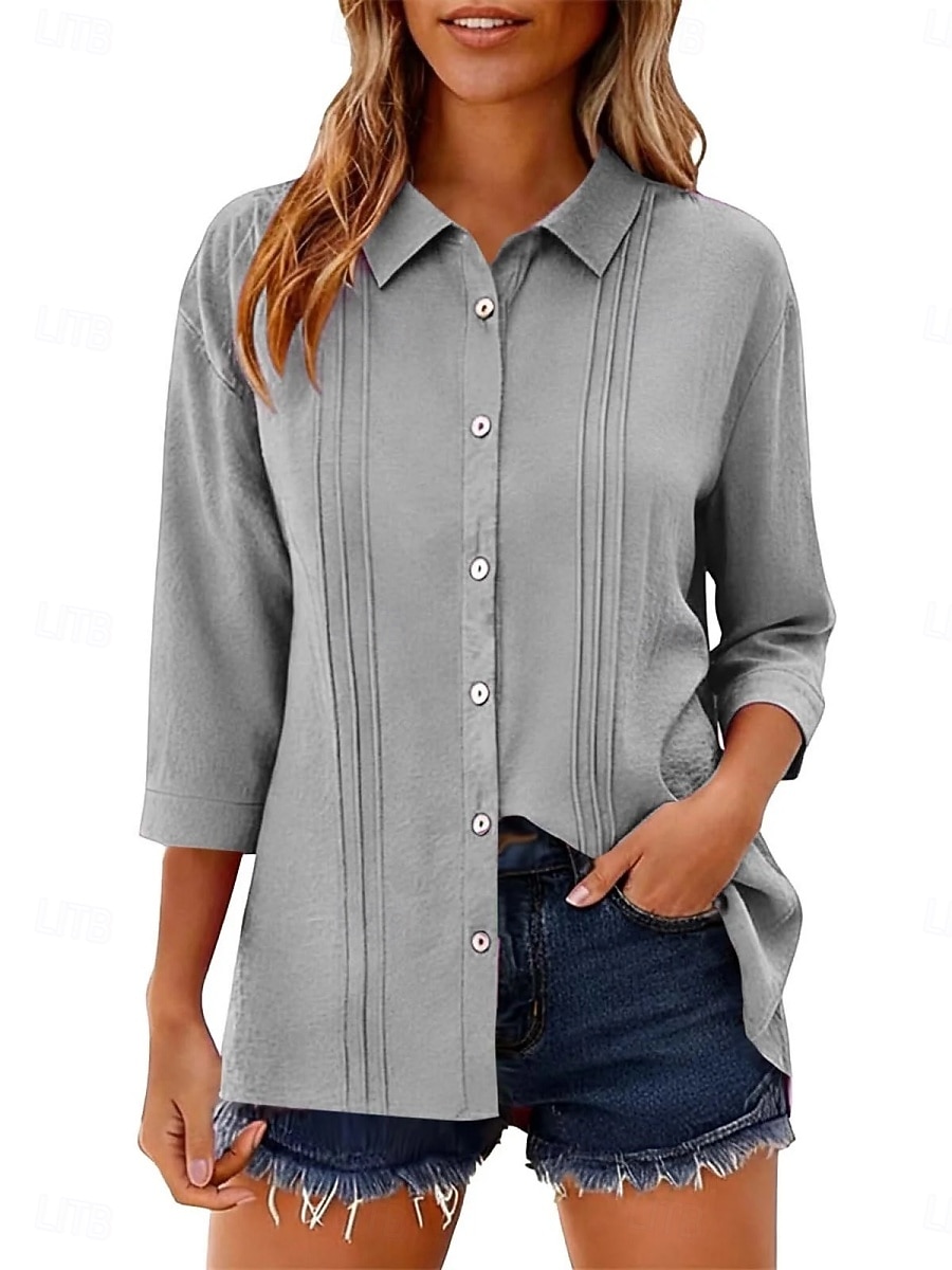 Per donna Camicia Blusa Camicia di cotone Arricciato Bottoni Tinta unica Elegante Classico Moderno Manica Lunga Colletto a Camicia Top Regolari Quotidiano Ferie Uscire Nero Bianco Giallo Rosa Vino del 2026 a $27.99 –P7