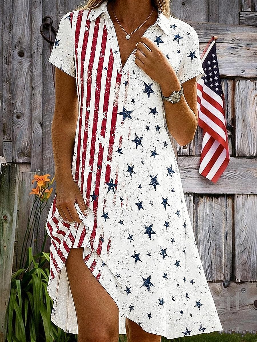 Amerikanischer Unabhängigkeitstag Damen Minikleid A Linie Kleid Urlaub Lässig Strand Normale Passform Grafik Flagge Kurzarm V Ausschnitt Schwarz Weiß Rote Sommer Frühling 2026 - $29.99 –P3