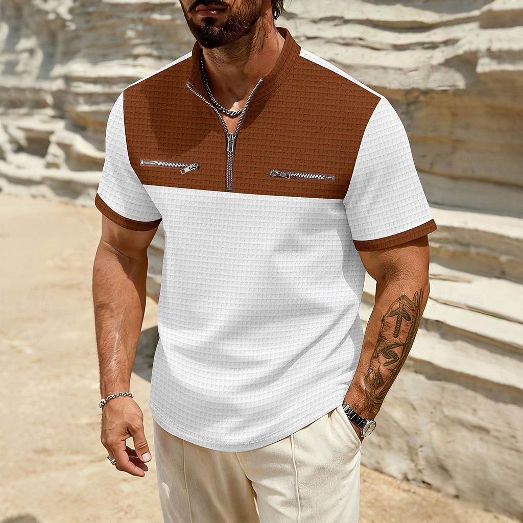 Per uomo Maglietta Waffle Maglietta Camicia a Maniche Corte Manica Corta Collo alla coreana Estate Primavera Blocco di colori Streetwear Elegante Casual Tasche Con zip Blocco di colore Casuale del 2026 a $22.99 –P4