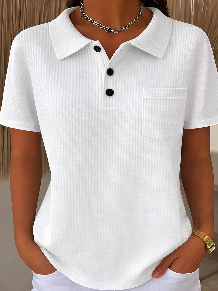 חולצת טוניקה ופל לנשים עם כפתורים חלקה וינטאג' מסוגננת קלאסית קצרה שרוולים צוואר עגול עליוניות ארוכות יומיות כחול ורוד כתום כחול בהיר קיץ אביב 2026 - $31.99 –P10