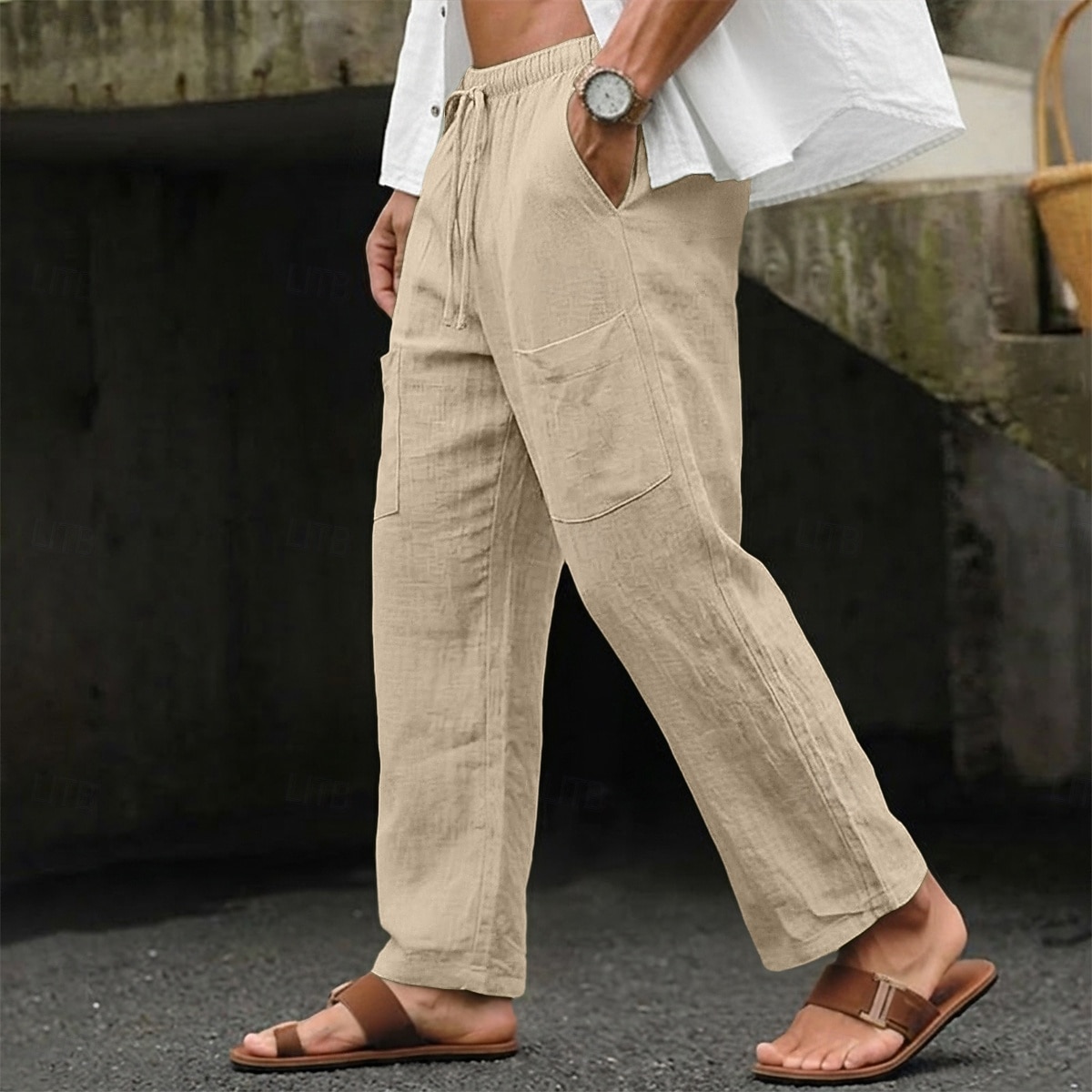 Hombre Pantalones de lino Pantalones de verano Pantalones anchos Correa Bolsillo Cintura elástica Plano Comodidad Transpirable Longitud total Casual Diario Exterior Vacaciones Moda Negro Verde Trébol 2026 - $25.99 –P9