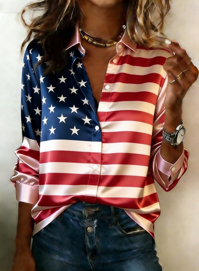 día de la independencia americana Mujer Camisa Camisa de raso Camisa con botones Camisa casual Estampado Graphic Bandera Clásico Casual Manga Larga Cuello Camisero Tops regulares Diario Festivos Noche 2026 - $31.99 –P1