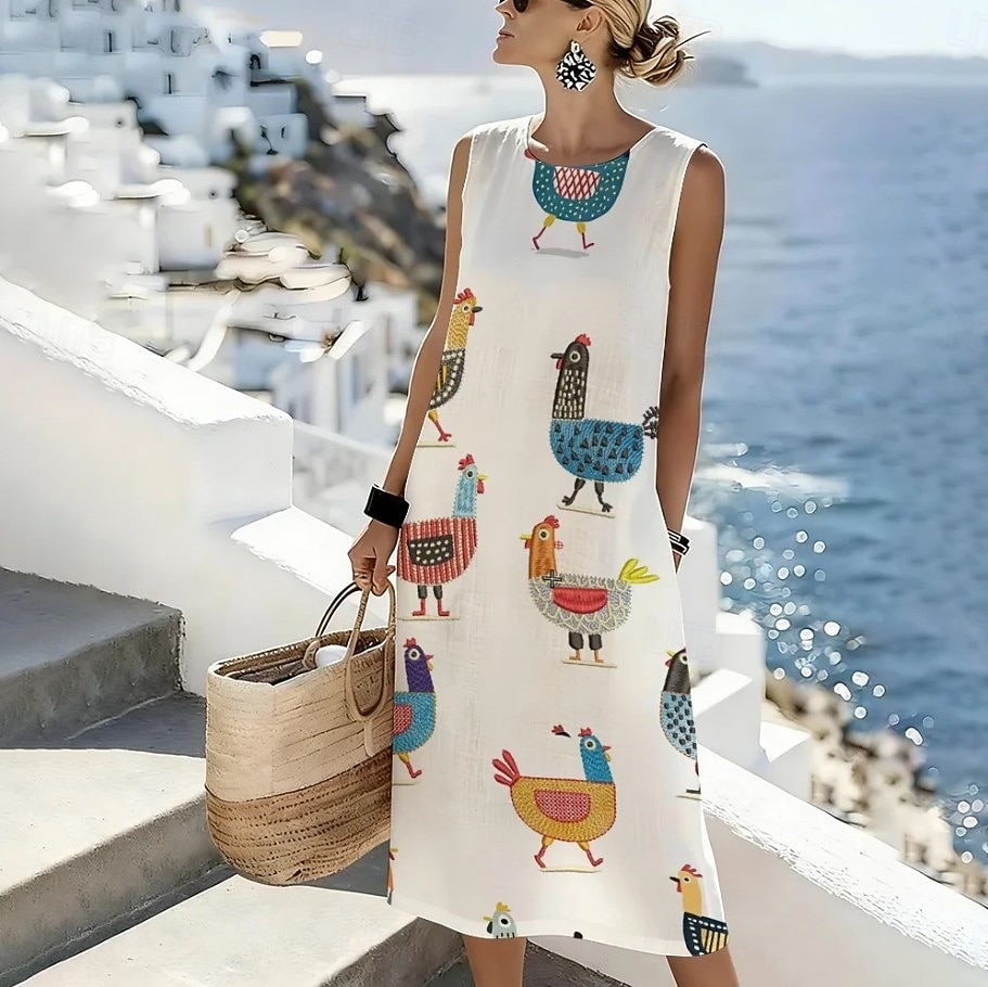 Women's Midi Dress Shift Dress Sundress A Line Dress Vacation Casual Boho Beach Going out Regular Fit Graphic Animal Sleeveless Crewneck White Sky Blue Beige Summer Spring 2026 - $39.99 –P4
