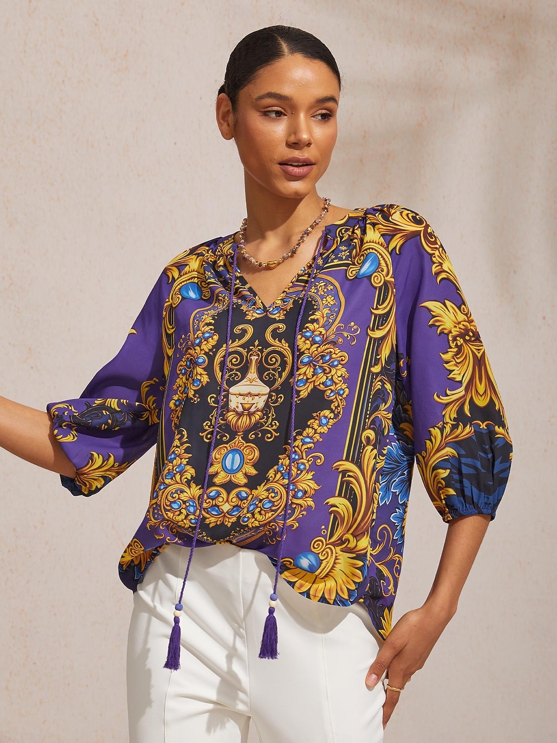 Топ из барочного шифона темно-синего цвета с рукавами 3/4 2026 - $67.99 –P7