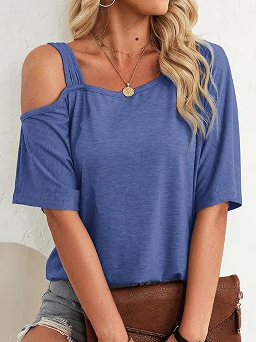 Femmes T-shirt Œillet Uni Mode Élégant Classique Manche Courte Col asymétrique Hauts Réguliers Quotidien Sortir Week-end Bleu Noir Blanche Rose Claire Fuchsia Été Printemps de 2026 ? $21.99 –P12