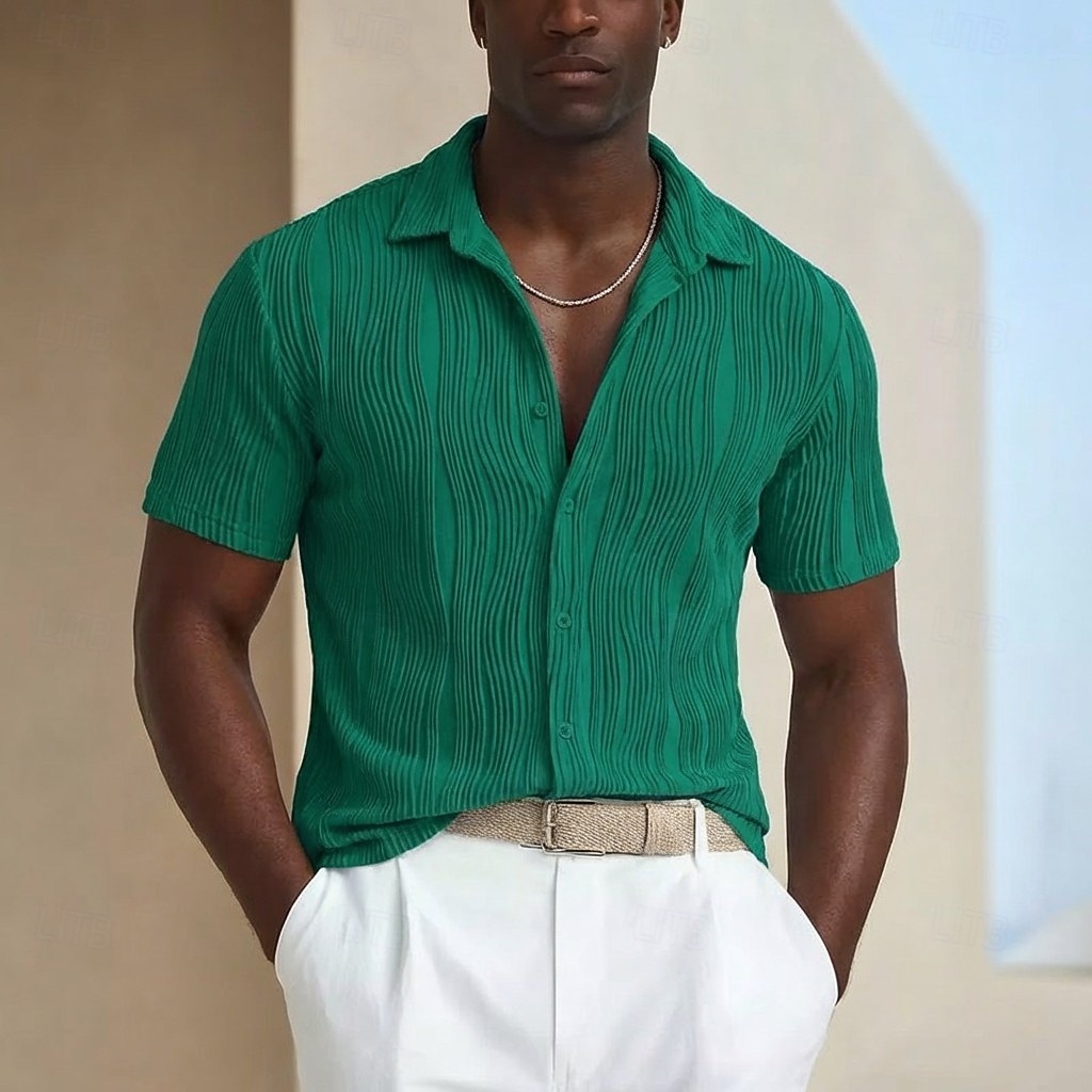 رجالي قميص قميص صيفي قميص غير رسمي زر حتى القميص قميص جاكار أزرق أسود أبيض أخضر كم قصير خطوط / أمواج قبة فضفاض مناسب للبس اليومي قماش الجاكار ملابس موضة كاجوال مريح 2026 - $21.99 –P5