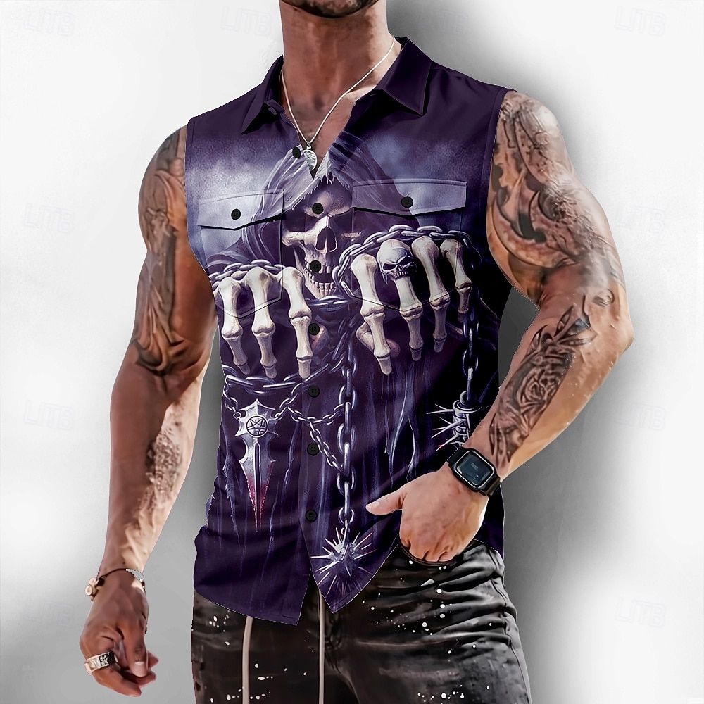 Hombre La muerte Calavera Horror Camisa Abotonar la camisa Camisa sin mangas Sin Mangas Estilo gótico oscuro Exterior Casual Verano Primavera Cuello Vuelto Impresión 3D Dos bolsillos delanteros Azul 2026 - $25.99 –P4