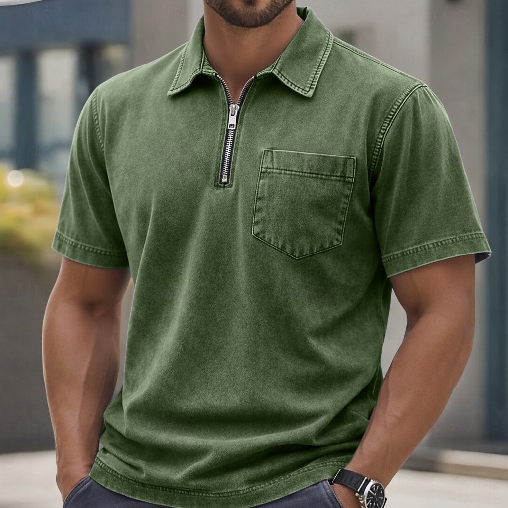 Homme Polo Chemise 100% coton délavée à l'acide Occasionnel Tenue quotidienne Zip quart Manche Courte ancien Basique Uni Avec Poches Affligé Été Coupe régulière Vert Armée Noir Rose Claire bleu de 2026 ? $31.99 –P8