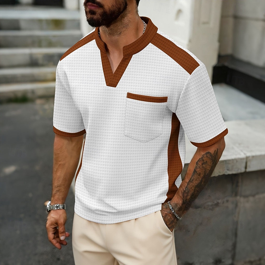 Hombre Camiseta con diseño de gofre Camiseta Camisa manga corta Camiseta superior Manga Corta Escote en Pico Verano Primavera Bloque de color Ropa de calle Elegante Casual Bloque de Color Bolsillo 2026 - $21.99 –P1