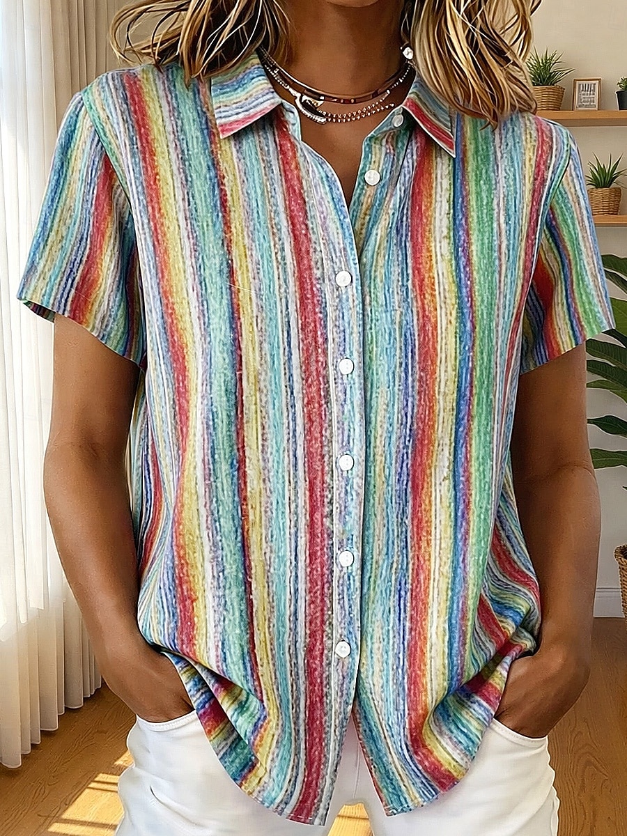 Women's Shirt Short Sleeve Graphic Geometric Striped Vintage Tropical Stylish Sleeveless Shirt Collar Long Tops Daily Sage Green Summer Spring 2026 - $24.99 –P1
