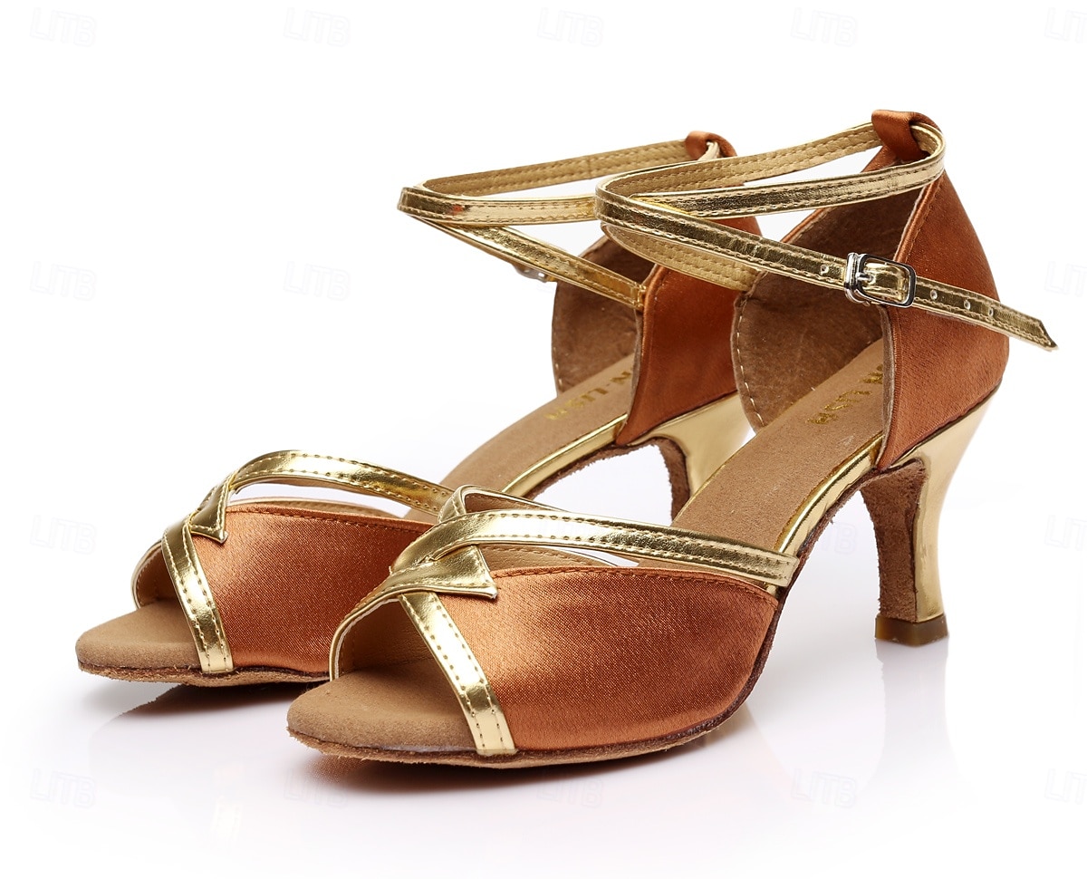 Women's Brown & Gold Latin Dance Shoes - Medium Heel, Strappy Design, Ballroom, Salsa, Tango, Practice & Performance Footwear 2026 - $29.99 –P6