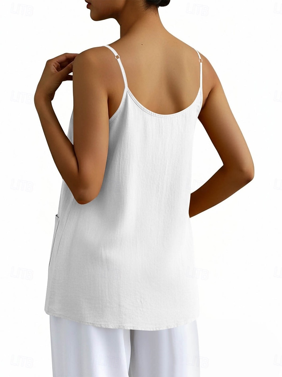 Regata feminina com bolso, lisa, moderna, elegante, clássica, sem mangas, gola redonda, ideal para uso diário, passeios e fins de semana. Cores: azul, preta, branca, amarela, rosa. Verão e primavera. de 2026 por $18.49 –P4