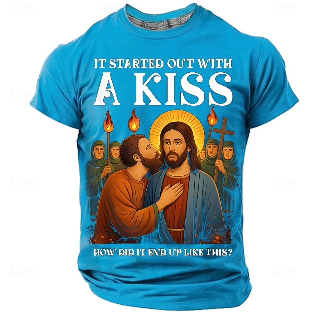 T-shirt graphique religieux drôle Bible pour hommes ça a commencé par un baiser Judas embrassant Jésus parodie religieuse T-shirt comment cela a-t-il fini comme ça drôle mème chrétien cadeau de 2026 ? $21.99 –P3