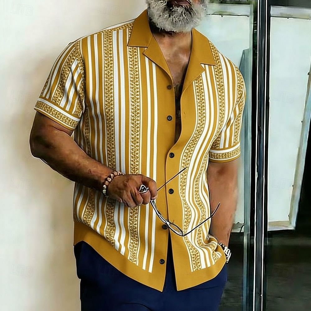 Men's Boho Geometric Striped Shirt Button Up Shirt Camp Collar Shirt Short Sleeve Fashion Casual Streetwear Vacation Summer Spring Cuban Collar 3D Print Blue Yellow Green Khaki 2026 - $25.99 –P3