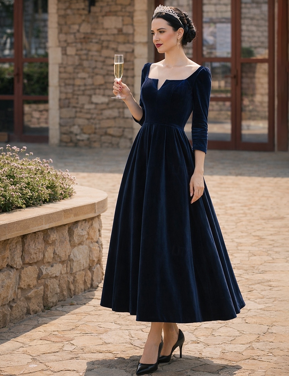A-Line Ankle Length Party Dress Cocktail Dress Wedding Guest Dress Mother  of the Bride Dress Long Sleeve V Neck Elegant Wedding Guest Wedding Party  Velvet with Pleats 2026 - 176.99