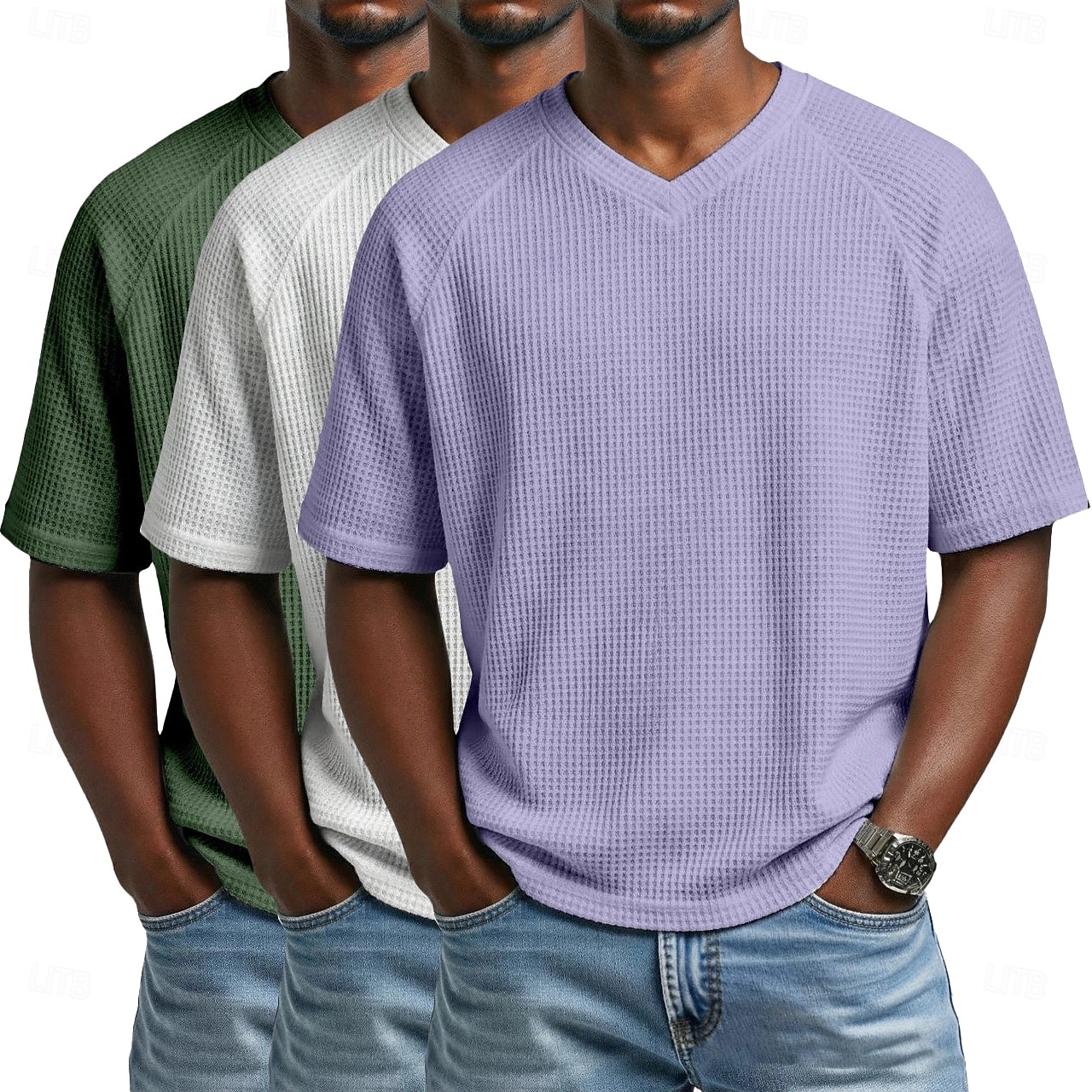 3 pezzi t-shirt da uomo waffle maglietta a maniche corte scollo a V estate tinta unita testurizzata alla moda designer casual multipack maniche raglan casual quotidiano esterno blu bianco maglietta del 2026 a $51.99 –P16