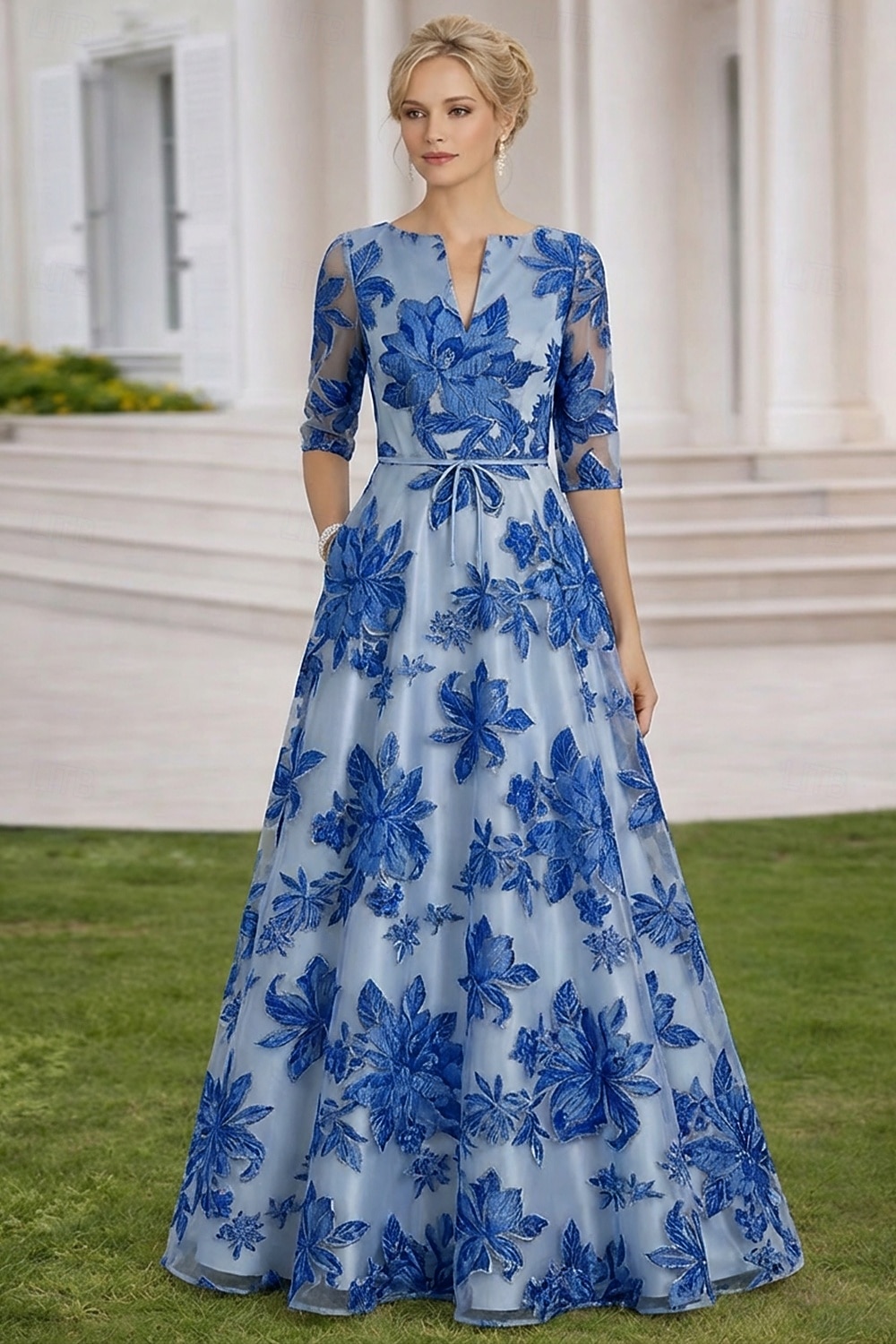 A-Line Floor Length Maxi Dress Wedding Guest Dress Mother of the Bride Dress 3/4 Length Sleeve V Neck Elegant Vintage Formal Satin Lace Organza with Floral Print Embroidery Flower 2026 - $182.99 –P5