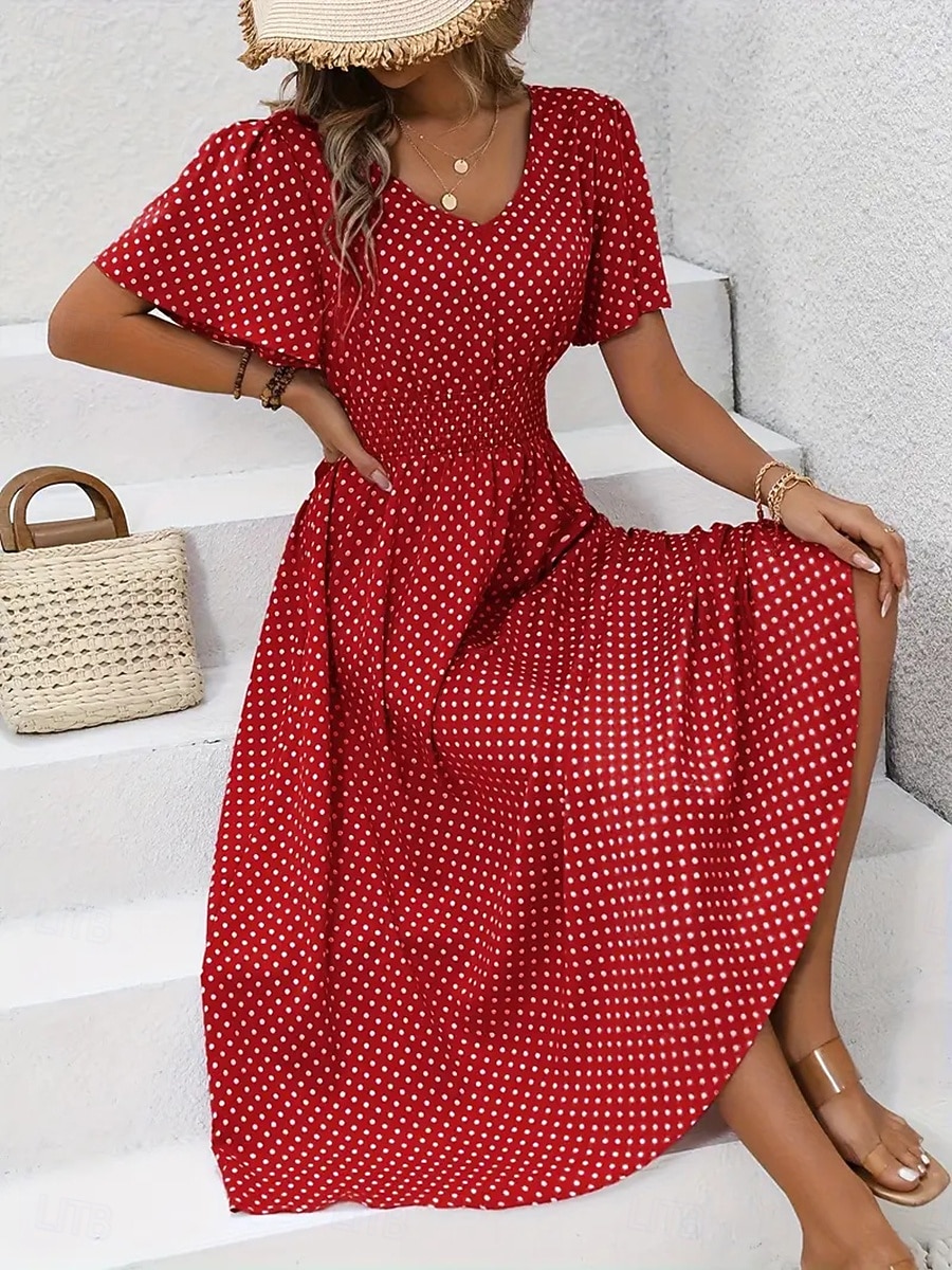 Pentru femei Rochii Midi Rochie casual Rochie imprimata Elegant Modă Modern În aer liber Vacanță Ieșire Fit regulat Buline Manșon scurt În V Albastru piscină Negru Galben Roz Îmbujorat Vară Primăvară 2026 - $25.99 –P6