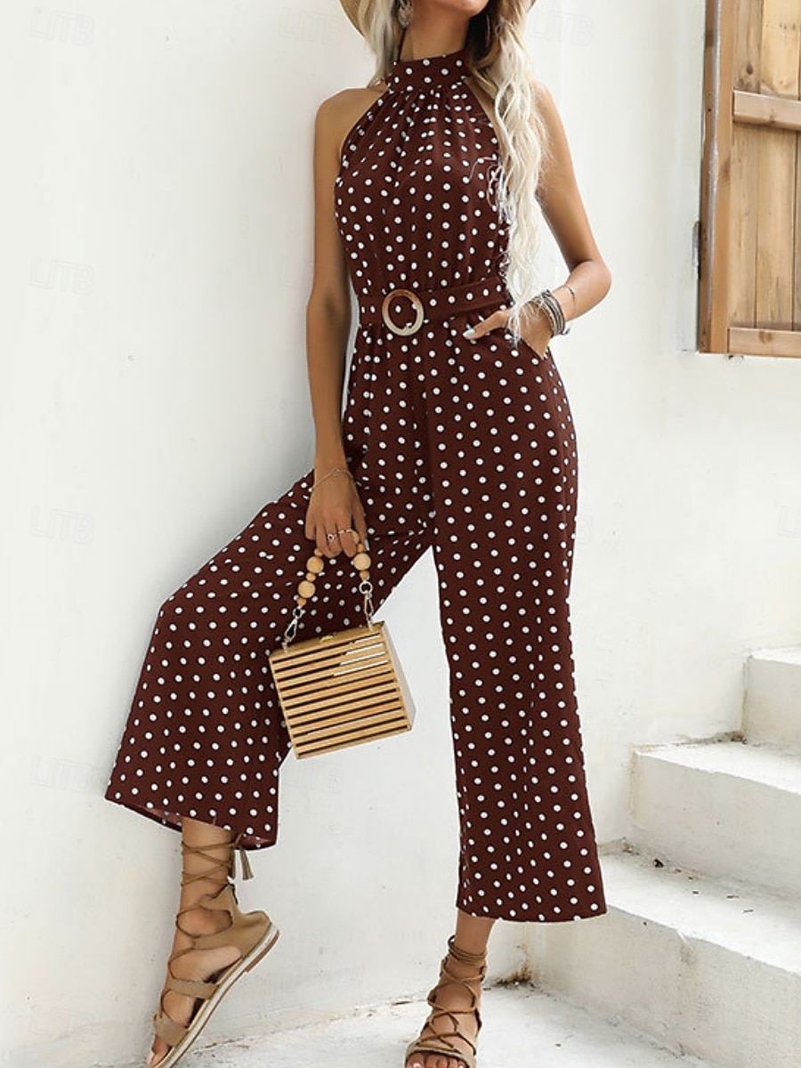 Mujer Normal Mono Activo A Lunares Sin Mangas Perneras anchas Cuello halter Bolsillo Estampado Diario Vacaciones Holgado Negro Vino Azul Marino Verano 2026 - $42.99 –P10