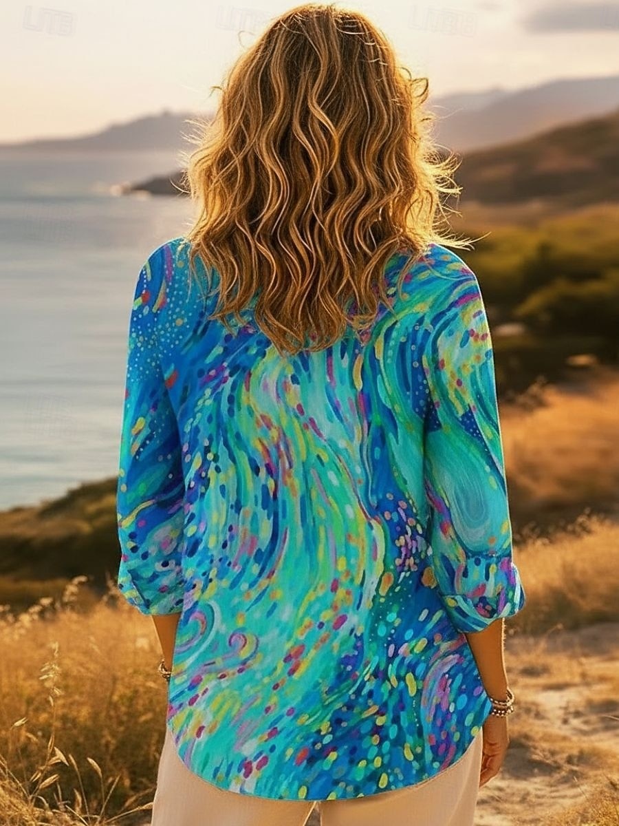 Damen Hawaiian Hemden Fließende Tops Vintage Lässig Grafik Geometrisch Lange Tops Langarm Hemd Kragen Patchwork Knöpfe Druck Form Fit Urlaub Arbeit Täglich Hellblau Sommer Urlaub Bekleidung 2026 - $28.99 –P2