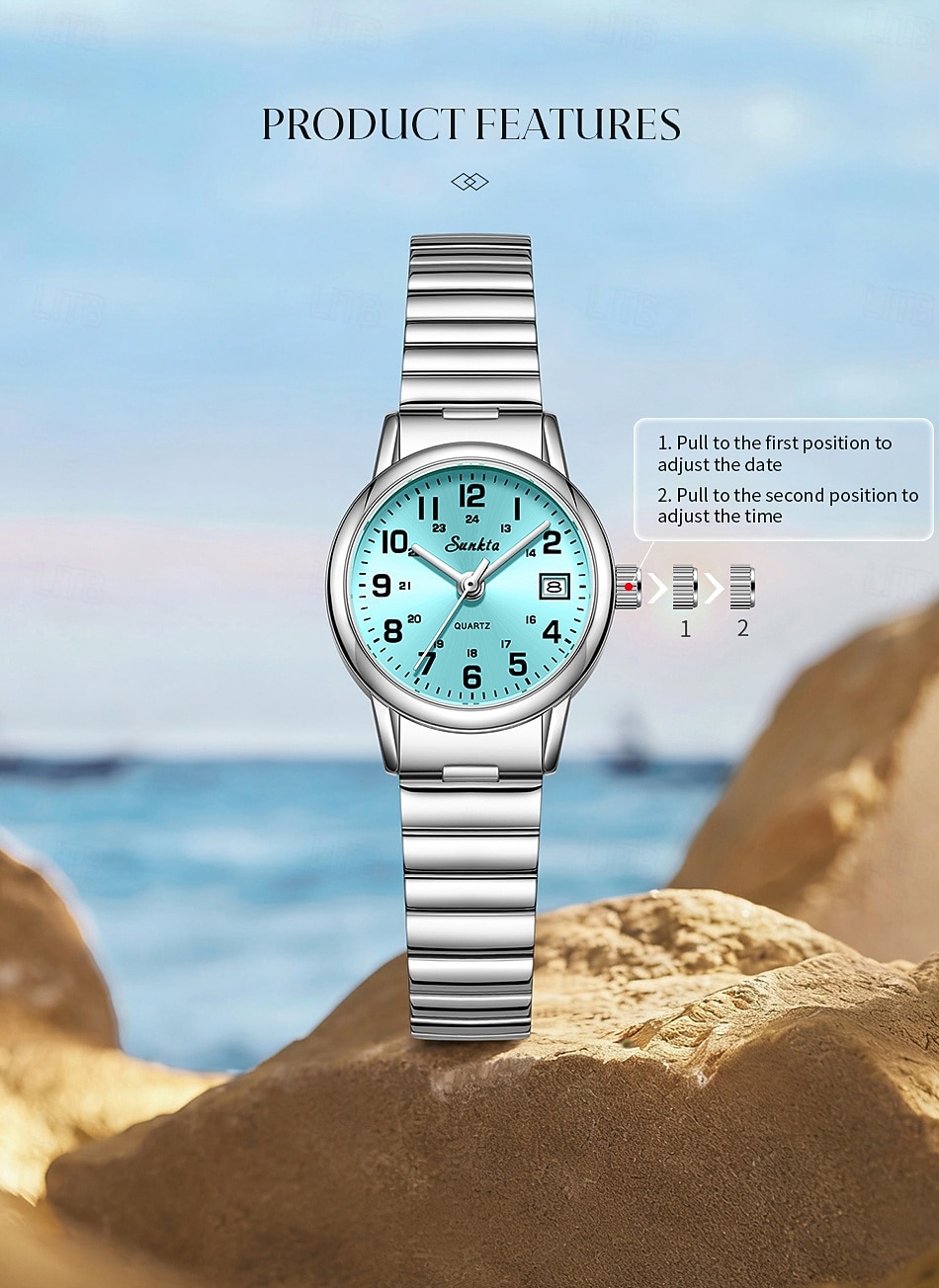 Montre femme facile à lire, à quartz, avec bracelet extensible en acier inoxydable, cadran bleu turquoise avec affichage de la date, étanche, élégante et décontractée, idéale comme cadeau pour femme de 2026 ? $18.99 –P11