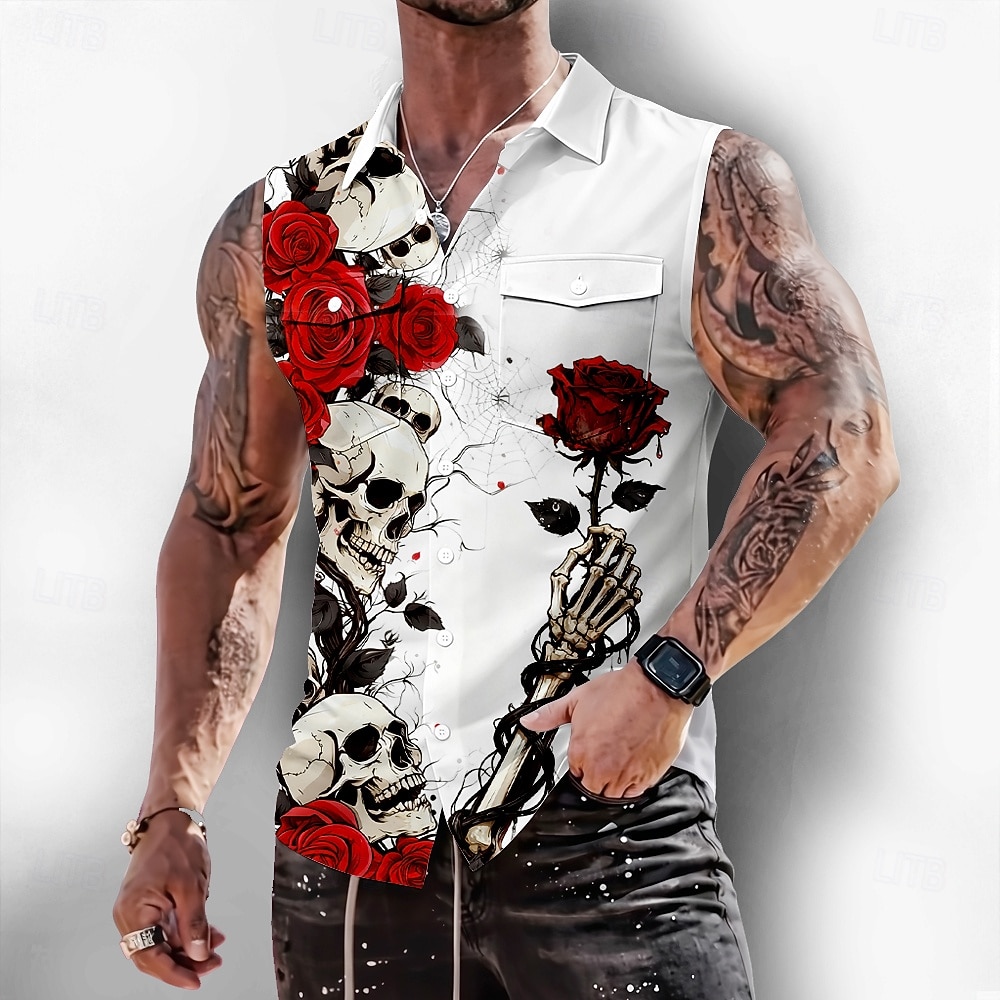 Homme Squelette Rose Crânes Chemise Chemise Boutonnée T-shirt sans manches Sans manches Style gothique sombre Extérieur Décontracté Été Printemps Col Rabattu Impression 3D Deux poches avant Noir de 2026 ? $25.99 –P2