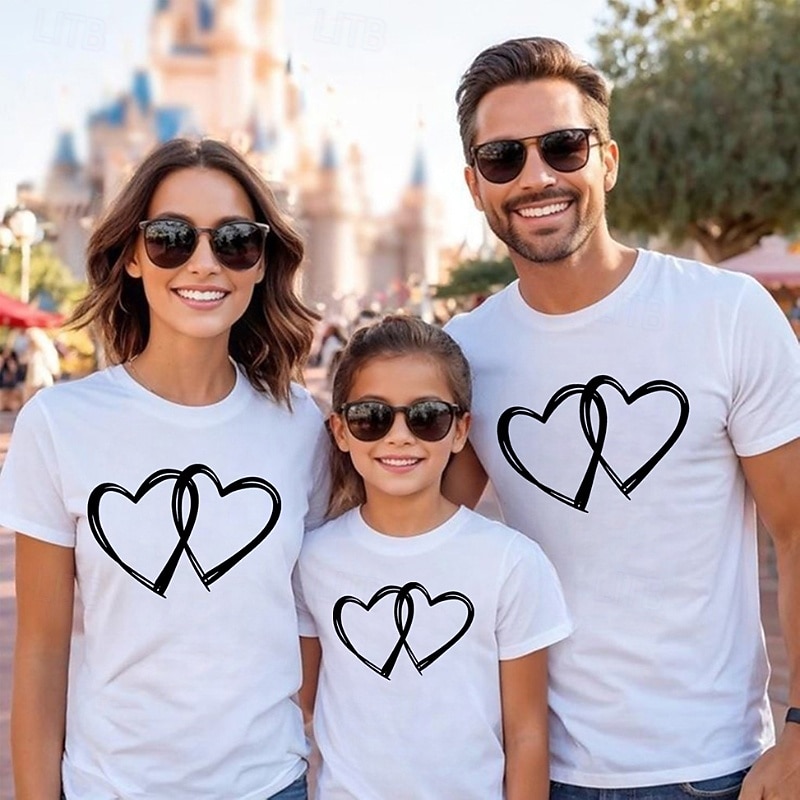 Family T shirt Tops Heart Casual Print Black White Light Brown Short Sleeve Active Matching Outfits 2026 - $21.99 –P3