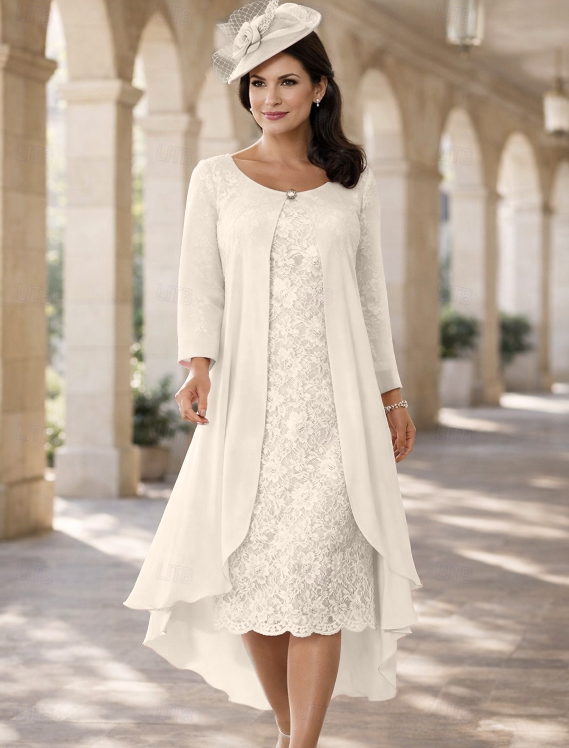 Duas Peças Linha A Longuette Vestido de convidada de casamento Vestido Para Mãe dos Noivos Manga Curta Decorado com Bijuteria Elegante Tamanhos Grandes Convidado do casamento Festa de Casamento de 2026 por $157.99 –P2