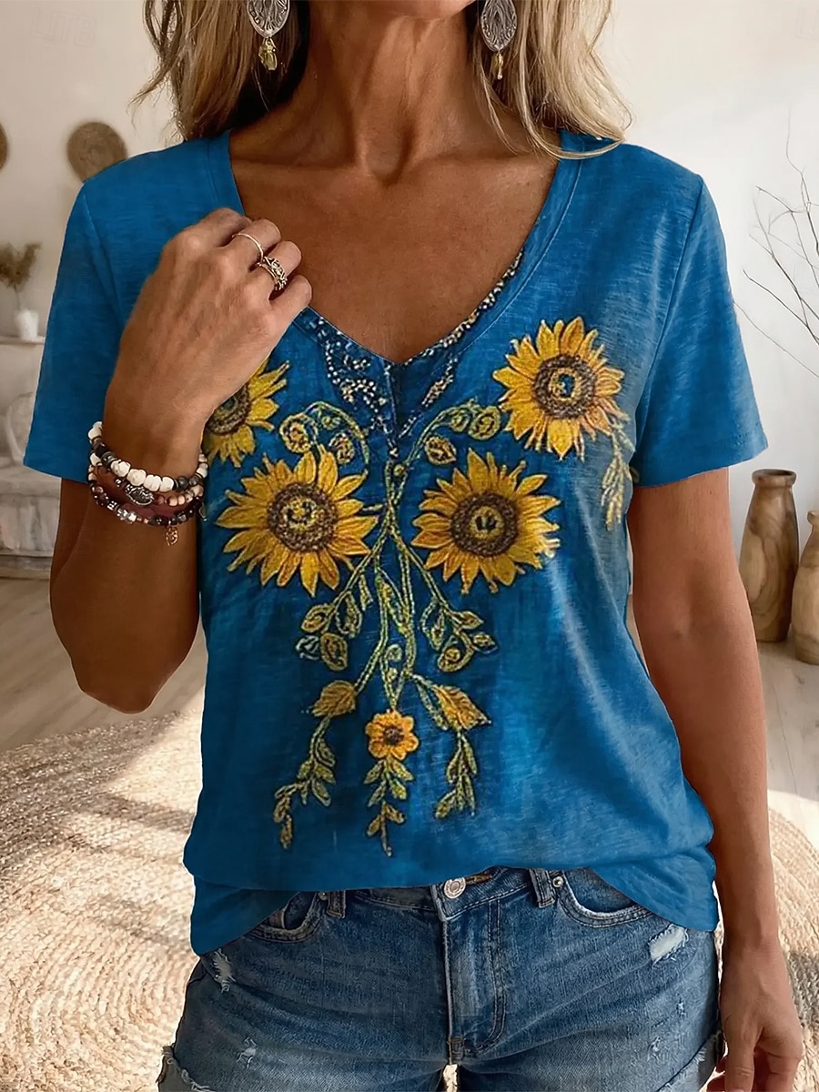 Women's T Shirt Print Floral Graphic Vintage Stylish Classic Short Sleeve V Neck Regular Tops Daily Sports Going out Blue Light Beige Royal Blue Purple Summer Spring 2026 - $21.99 –P2