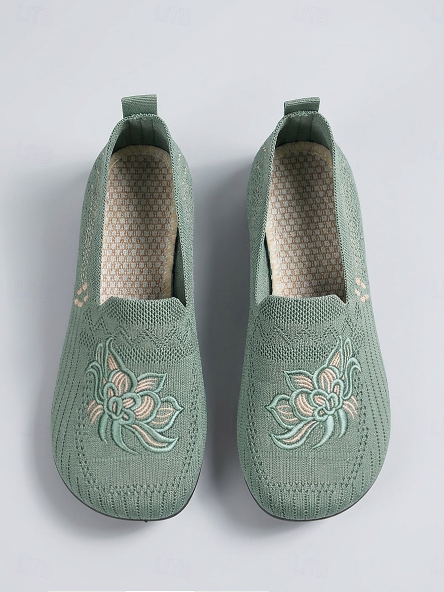 Women's Green Comfort Embroidered Knit Slip-on Shoes – Breathable Lightweight Casual Loafers for Travel, Home & Daily Wear 2026 - $19.99 –P2