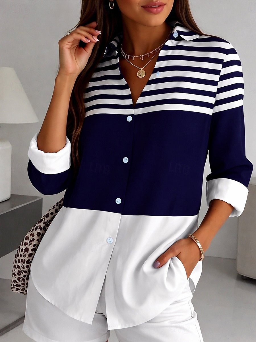 Dam Skjorta Blus Lappverk Knappar Mönster Grafisk Geometrisk Rutig Vintage Tropisk Dagligen Långärmad Tröjkrage Långa toppar Dagligen Blå Svart Rubinrött Marinblå Orange Sommar Vår 2026 - $32.99 –P2