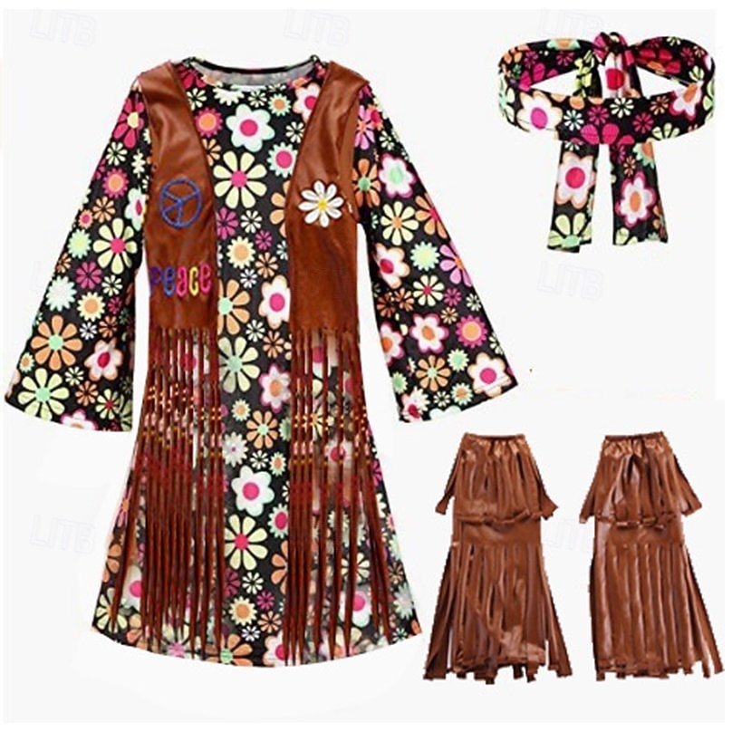 Set Retro Vintage 1970er Kleid Kopfschmuck Zubehör langarm Hippie Disco Fransen Blumen Kostüm Damen Halloween Karneval Musikfestival Retro-Mottoparty Erwachsene Kleid Kopfschmuck Weitere Accessoires 2026 - $54.99 –P6