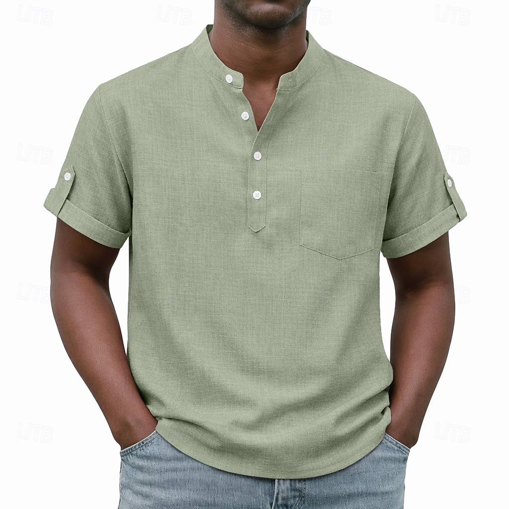 Men's Shirt Popover Shirt Casual Shirt Button Up Shirt Light Pink Black Yellow Light Green Pink Short Sleeve Plain Grandad Collar Casual Daily Clothing Apparel Elegant Fashion Casual 2026 - $26.99 –P12