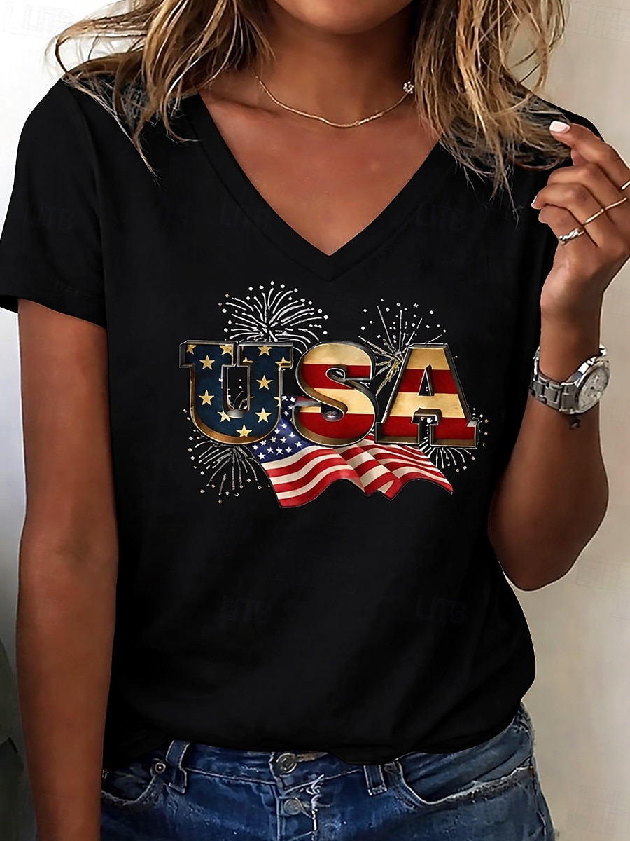 Ημέρα Αμερικανικής Ανεξαρτησίας Γυναικεία Μπλουζάκι Στάμπα Γραφική Σημαία Βίντατζ Στυλάτο Κλασσικό Κοντομάνικο Λαιμόκοψη V Κανονικά μπλουζάκια Καθημερινά Θαλασσί Μαύρο Λευκό Ρουμπίνι Καλοκαίρι Άνοιξη 2026 - $21.99 –P6