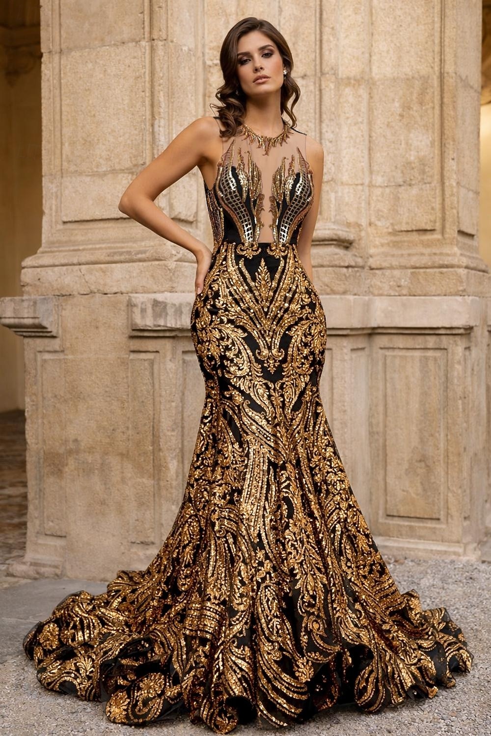 Corte Trompeta Sirena Cola barrida Trajes de gala Vestidos de noche Corte Cenicienta Vestimenta formal Elegante Sin Mangas Escote de ilusión Carnaval Formal afroamericano Lentejuelas con Lentejuela 2026 - $287.49 –P1