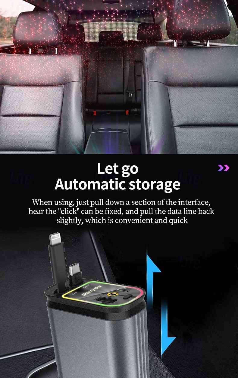 Cargador rápido para coche 5 en 1 de 180 W, adaptador de corriente USB tipo C, cargador de teléfono retráctil con luz de techo tipo estrella para teléfonos iOS y Android. 2026 - $24.99 –P4