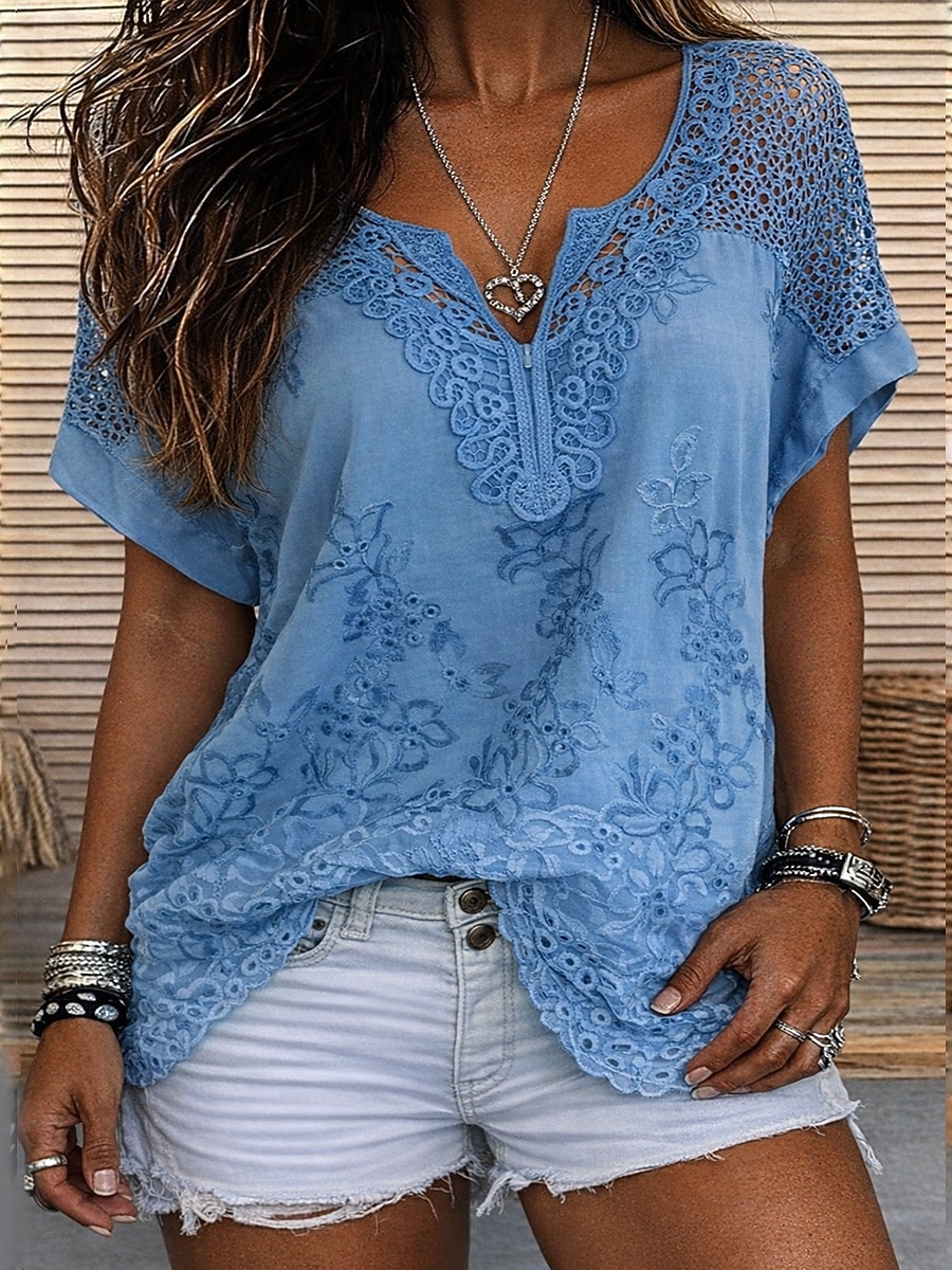 Dam Blus Spets Ensfärgat Stylish Ledigt Kortärmad V-hals Vanliga toppar Dagligen Blå Svart Vit Orange Grå Sommar Vår Höst 2026 - $9.99 –P7