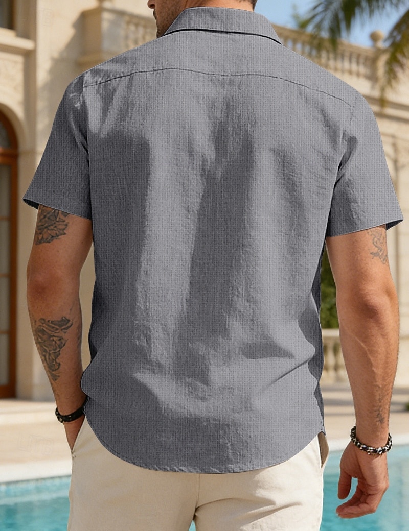 Hombre Camisa Camisa de lino Abotonar la camisa Plano Vacaciones Calle Negro Blanco Caqui Gris Oscuro Manga Corta Cuello Camisero Verano Primavera Ropa Bolsillo 2026 - $25.99 –P19