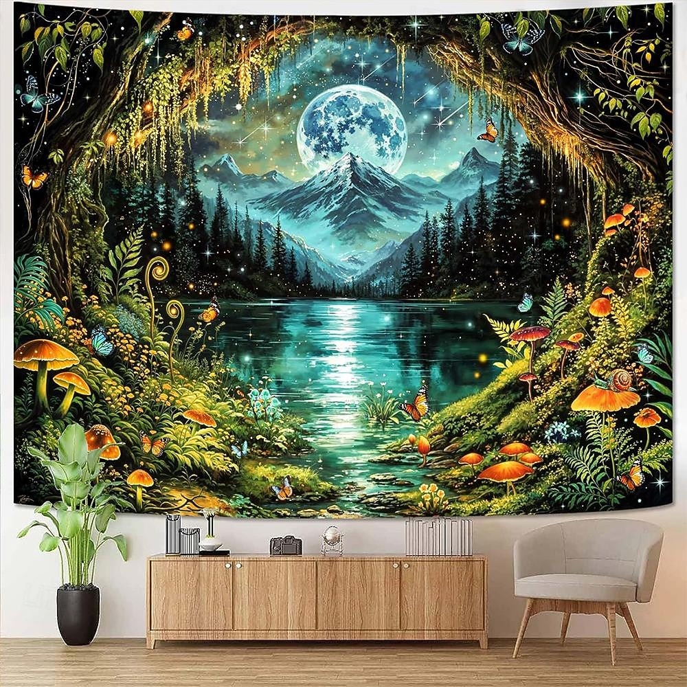 magico cielo notturno luna paesaggio montano arazzo fungo luminoso farfalla foresta lago decorazione murale psichedelica fantasy casa camera da letto soggiorno sfondo del 2026 a $20.99 –P1