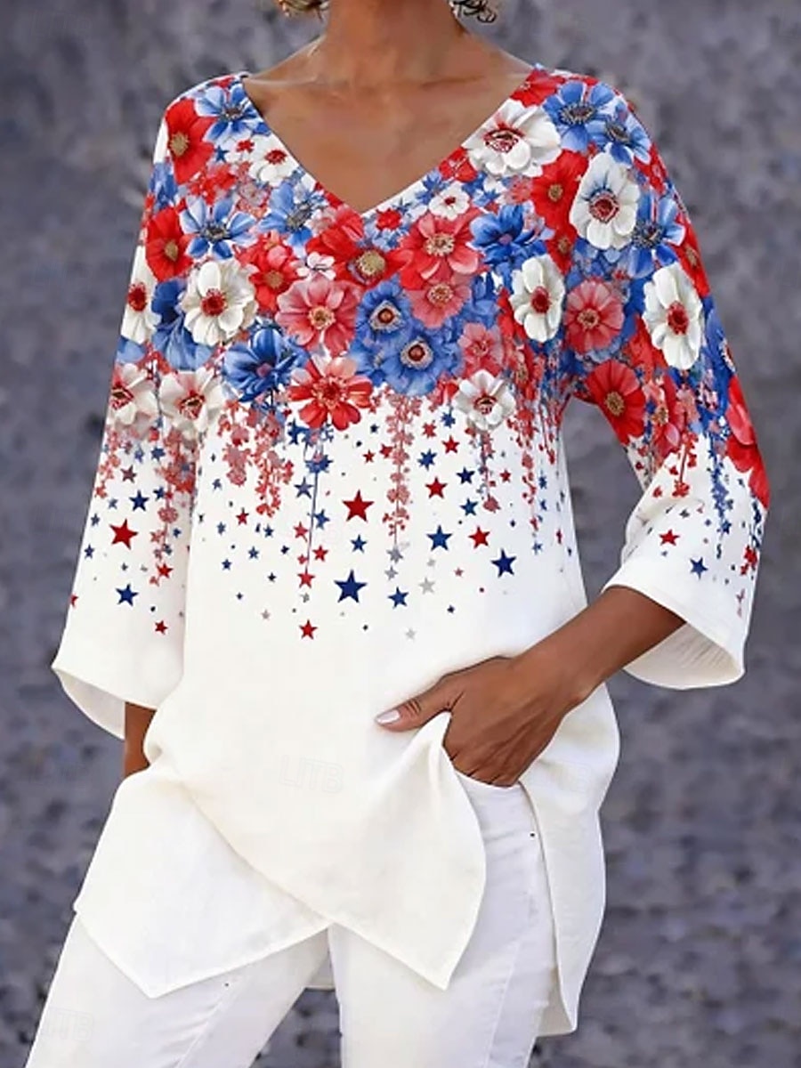 Amerikanischer Unabhängigkeitstag Damen Bluse Druck Blumen Grafik Vintage Stilvoll Basic Dreiviertelarm V Ausschnitt Normale Oberteile Täglich Ferien Blau Sommer Frühling Herbst 2026 - $27.99 –P1
