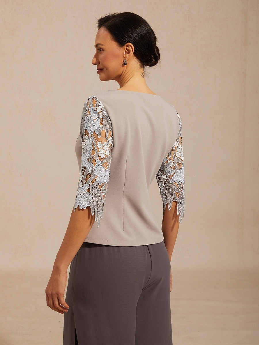 Women's Blouse Lace Tops Lace Floral Elegant Short Sleeve V Neck Daily Wedding Guest Gray Summer Spring Fall 2026 - $49.99 –P2