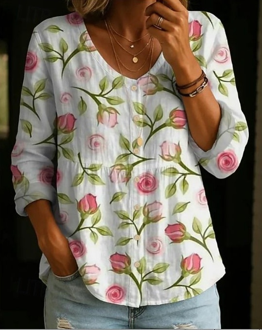 Per donna Blusa Bottoni Stampato Floreale Elegante Vacanza Casual Manica Lunga Girocollo Top Regolari Quotidiano Blu Bianco Rosa Viola Verde Estate Primavera Autunno del 2026 a $11.49 –P1